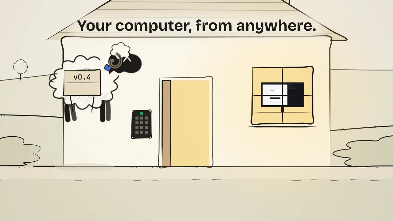 The Farmhouse Window: the ram waits at a farmhouse keypad. At the beach, the developer opens Computer on his phone, types the sign-in code on his desktop at home, and the door opens.