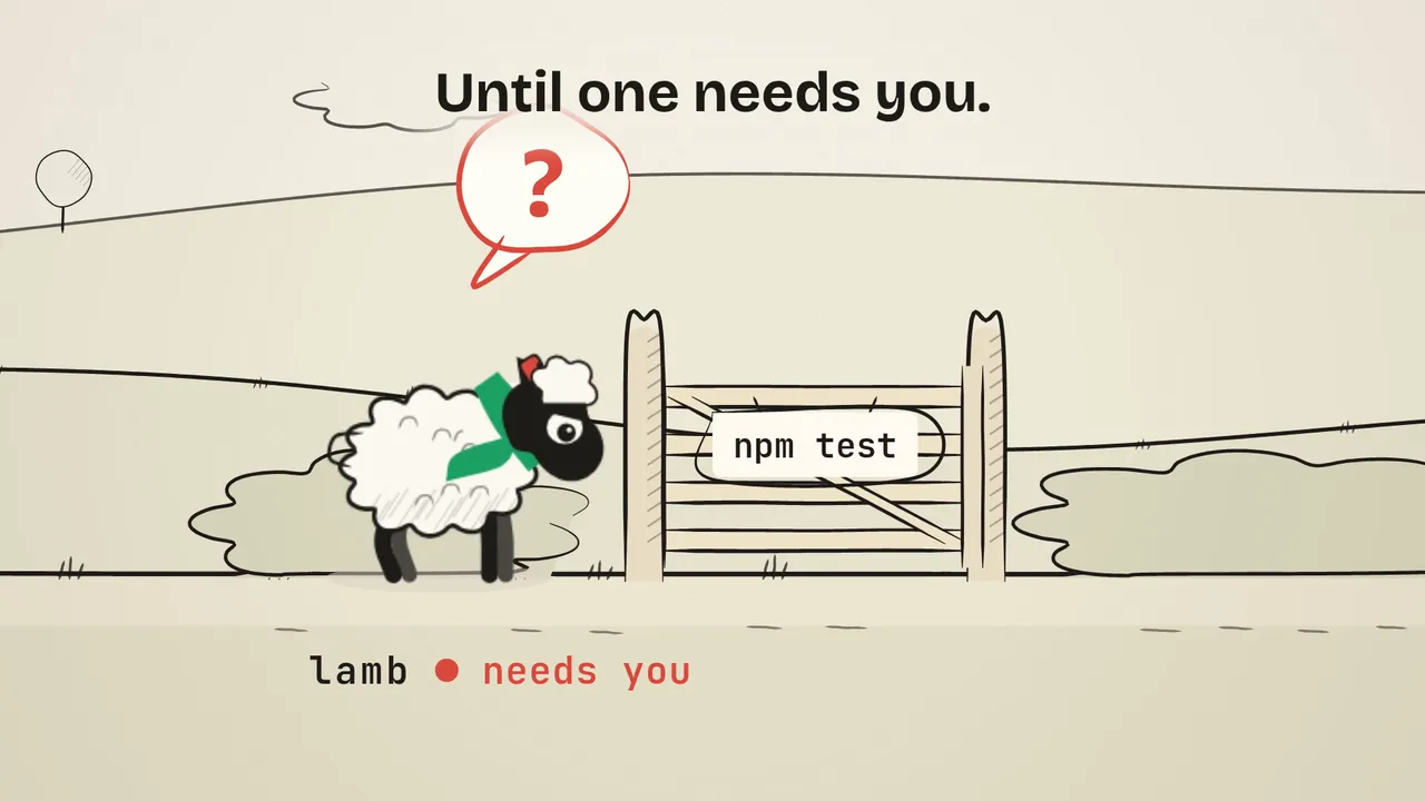 Tales from the Herd, The Gate: a lamb stops at a gate marked npm test and needs you. On a train miles away, you tap Yes on your phone, and the gate swings open.