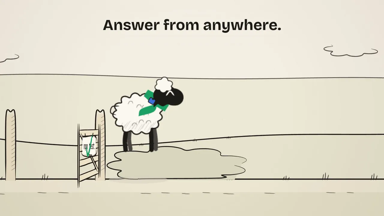The Gate: on a train, the developer’s phone buzzes. He taps Yes on the agent’s question, and far away in the meadow a gate swings open for the lamb.