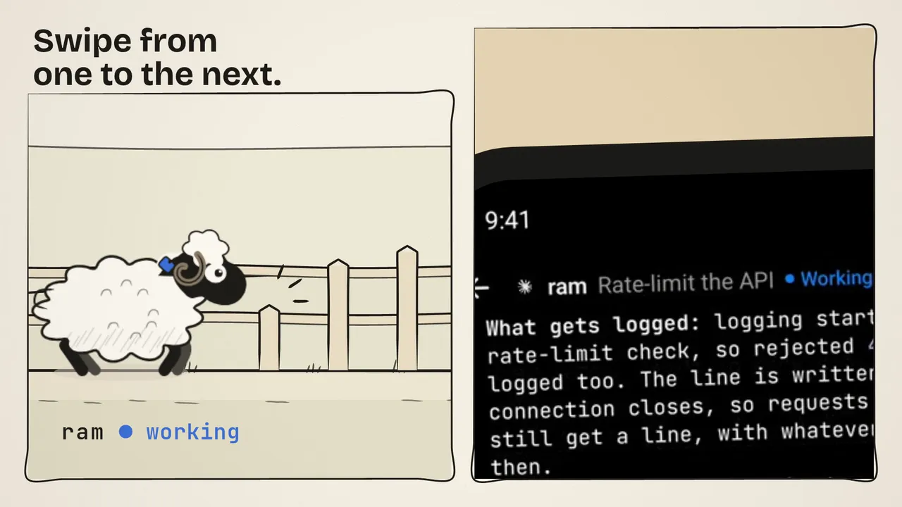 The Line-up: at a station café, the developer swipes across his phone, and the meadow slides from one sheep’s pen to the next as each agent’s terminal slides in.