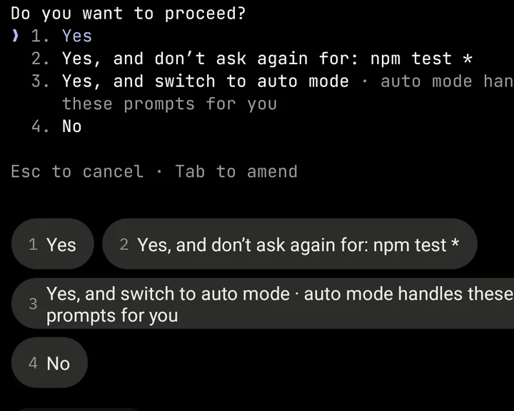 The lamb agent’s terminal on a phone: Claude Code asks to run npm test, with numbered answers to tap