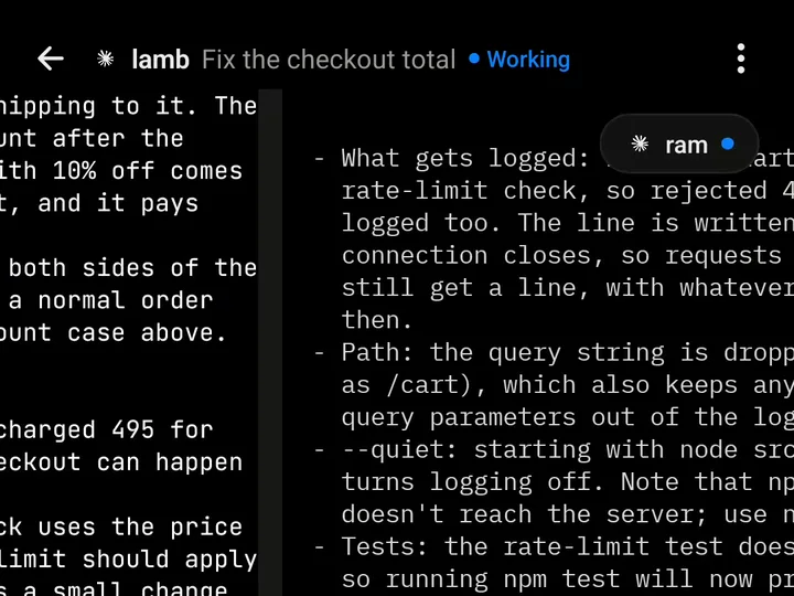 Mid-swipe on a phone: the lamb agent’s terminal slides away as ram’s slides in
