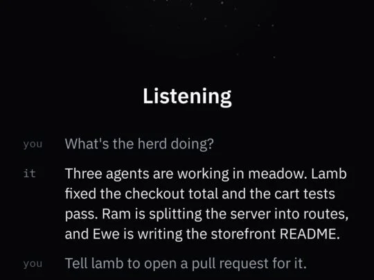 A realtime voice session on a phone: asking what the herd is doing, and sending lamb a follow-up