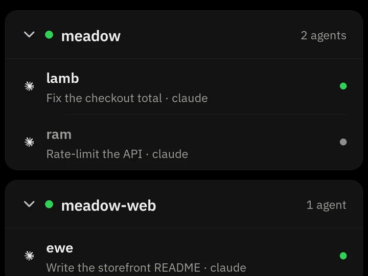 Spaces on a phone: meadow with lamb and ram, and meadow-web with ewe