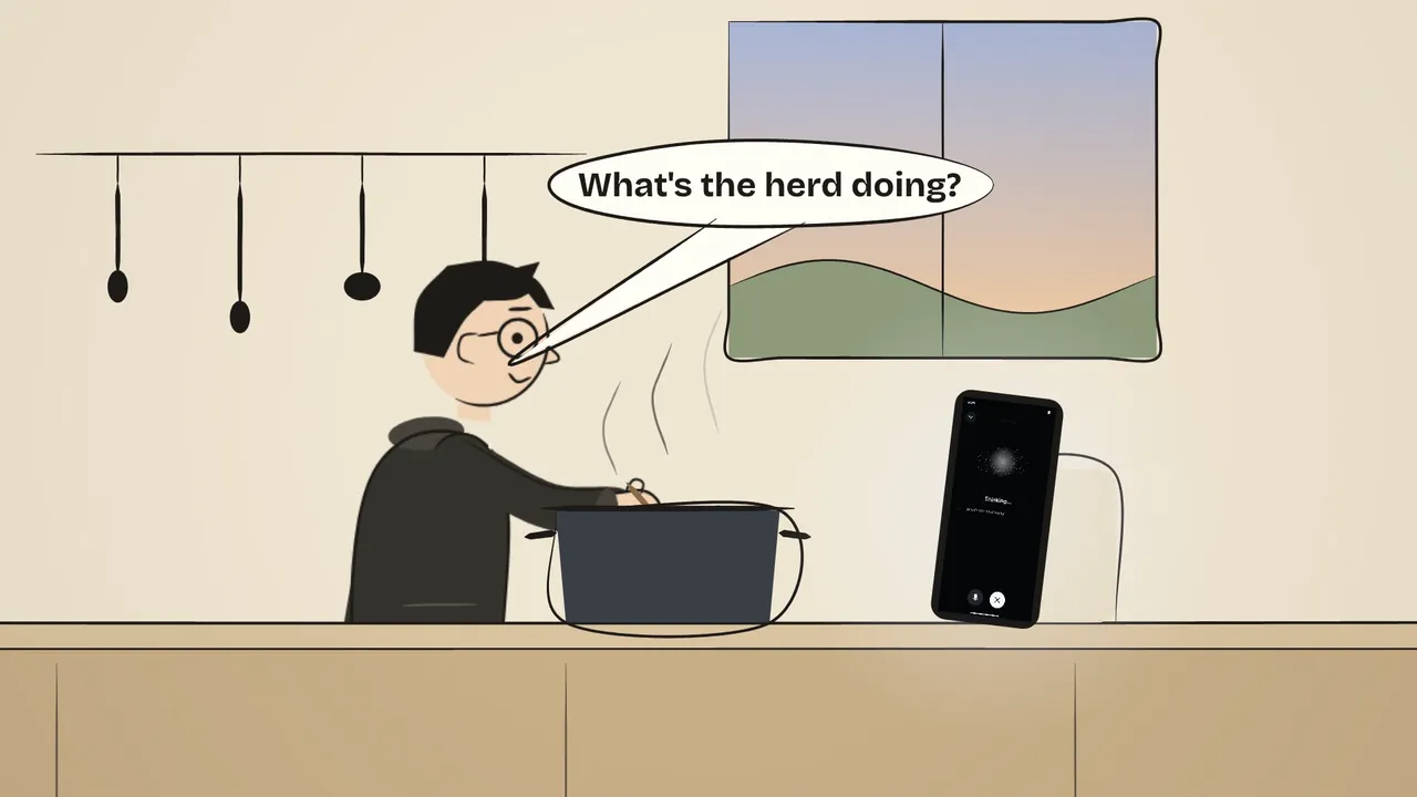 Talk to the Herd: hands full in the kitchen, the developer asks out loud what the herd is doing. The phone answers agent by agent, he tells lamb to open a pull request, and lamb does.