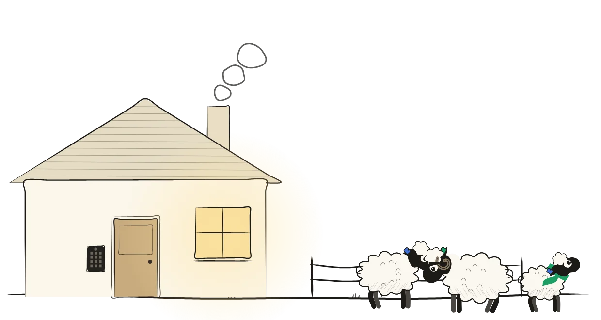 A farmhouse with its window lit and the herd grazing behind its own fence