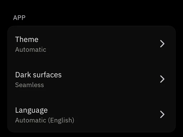 Appearance settings: theme automatic, dark surfaces seamless