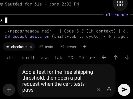 A dictated prompt in an agent’s composer, above the tabs row and key row