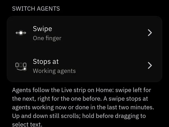 Gestures settings: swipe with one finger, stopping at working agents