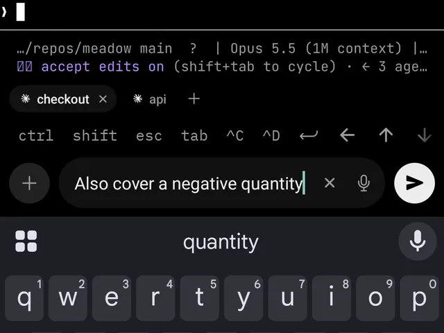 An agent’s terminal with the tabs row, the key row and a typed prompt above the phone keyboard