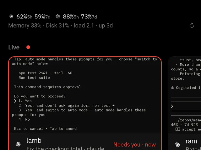 Home’s Live row: lamb’s live terminal asking to run npm test, marked Needs you, under the plan and machine strip