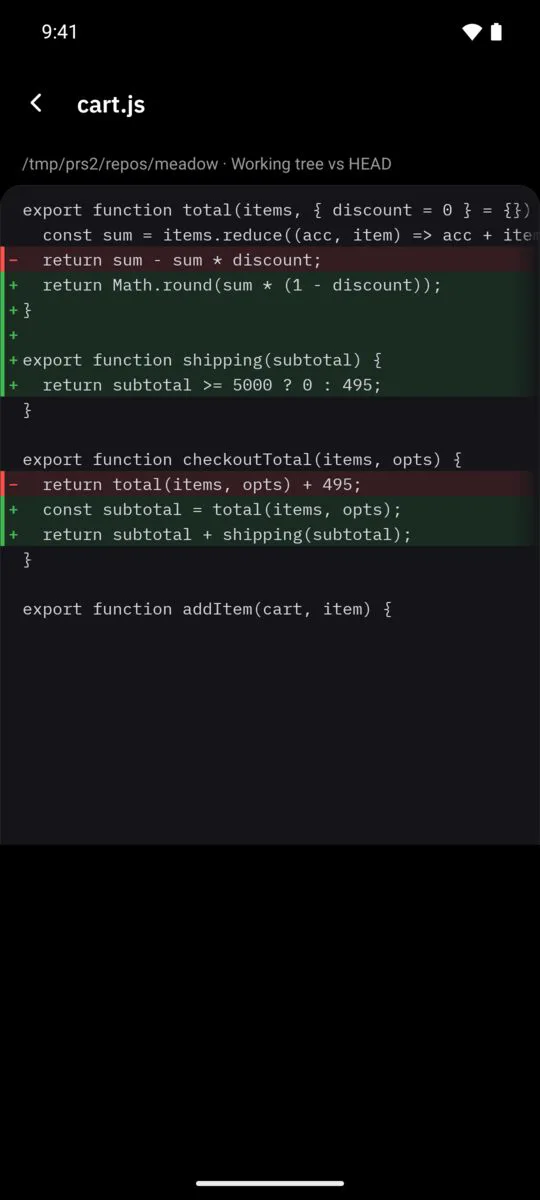 An agent’s uncommitted change to cart.js, removed lines in red and added lines in green