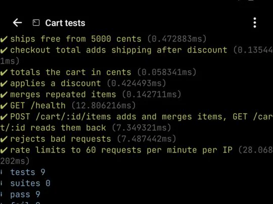 A workspace’s tests tab with every cart test passing